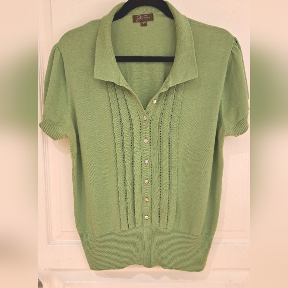 Jessica Sage Green Textured Button Down Knit Shirt